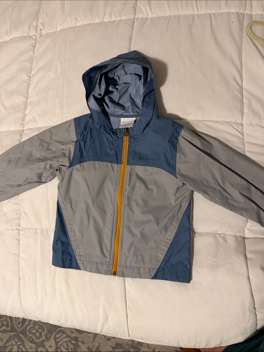 Columbia Blue and Gray Kids' Hooded Windbreaker with Yellow Zip
